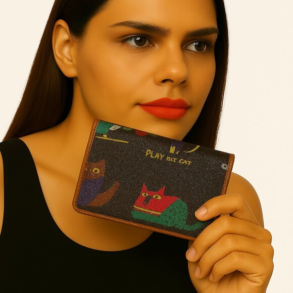 Bi-Fold Cat Faux Leather Wallet – Black Textured Design w/ Brown Trim, Fun Print - Picture 1 of 13